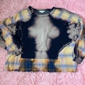 Ola + Hali Distressed Plaid Waffle Knit Top S/M Tie Dye Raw Hem Boutique USA